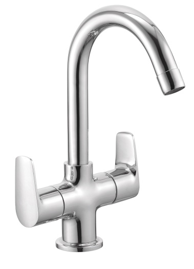 AU 213 J Center hole basin mixer with swivel J spout without popup waste system; 460mm braided hoses